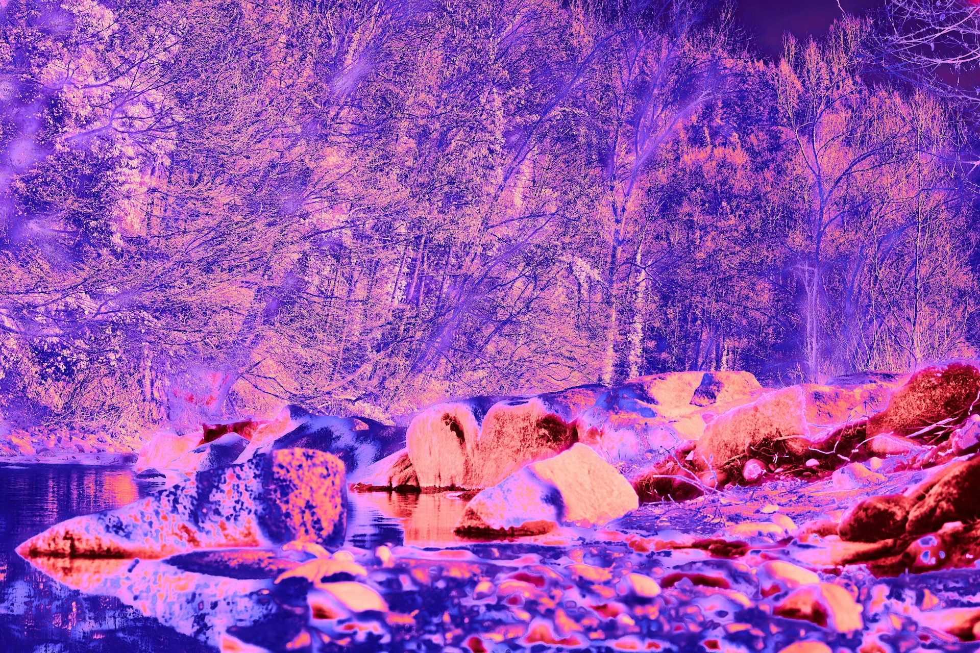 A surreal digital landscape blending vaporwave colors with pixelated mountains and glitch effects.