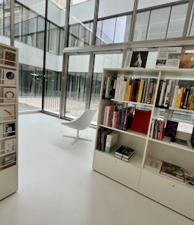 An elegant school library with modern shelves, comfortable seating, and natural light streaming in