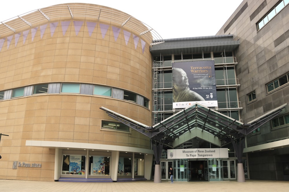 a large building with a sign on the front of it