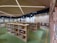 A modern library interior with wooden bookshelves filled with books. The ceiling features geometric patterns with integrated lighting. The floor is green with yellow markings. In the background, tables and chairs are arranged for studying or reading.