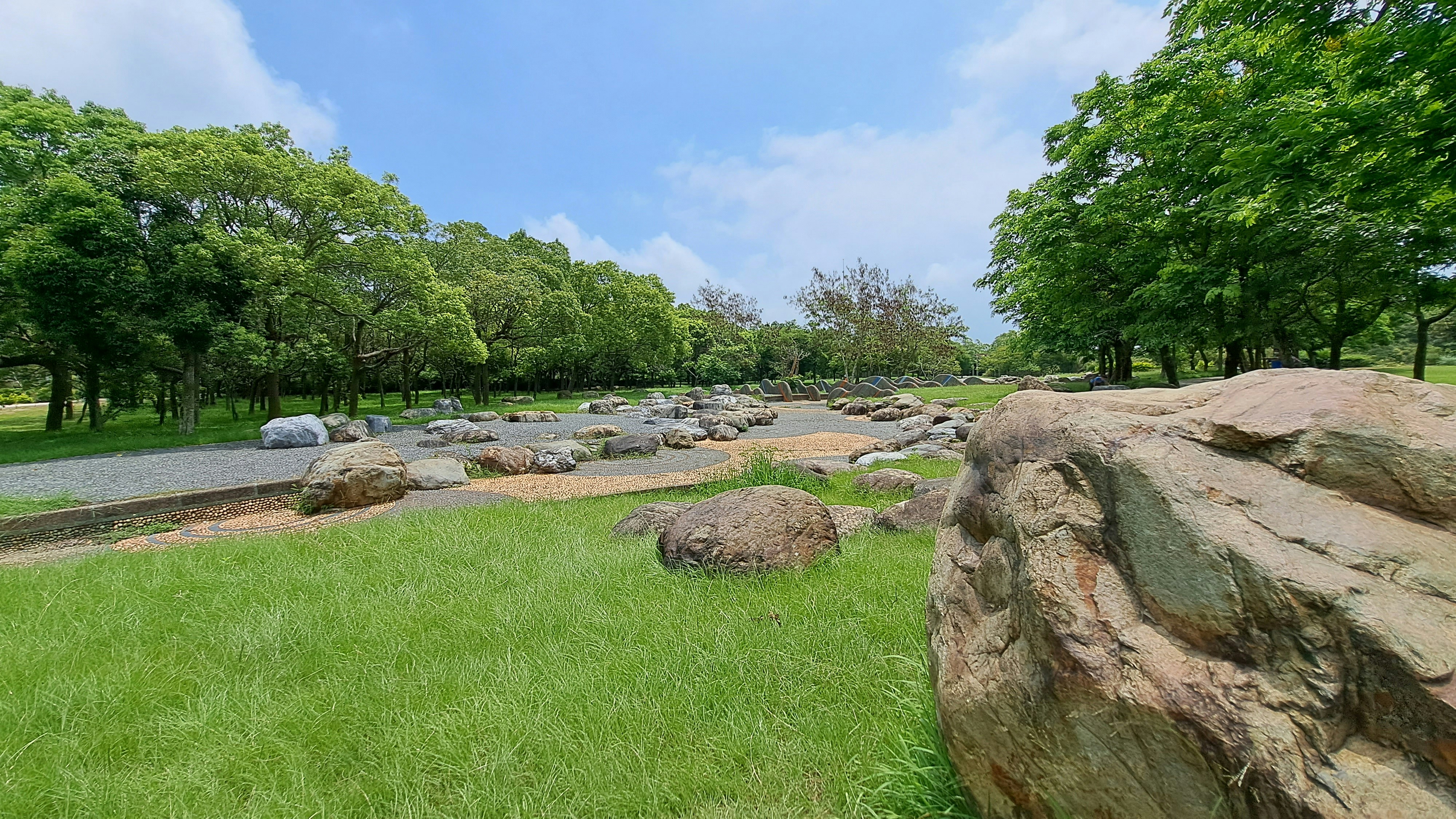 岩や木を背景にした芝生エリア