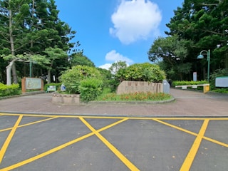 A landscaped area featuring a variety of lush, green plants and trees, complemented by a central stone sign with text. The scene is framed by tall pine trees on both sides, and the sky above is blue with scattered clouds. A paved pathway leads through the park with informational signs on the left.