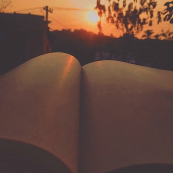 A serene sunrise behind an open book with golden rays illuminating a royal purple background.
