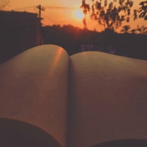 An open book is positioned in the foreground with a focus on the blurred pages. The background features a striking sunset, casting an orange glow across the sky with silhouetted trees and structures creating a peaceful and serene atmosphere.
