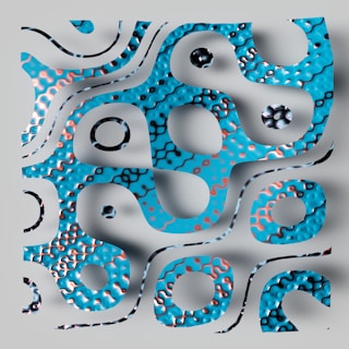 An abstract, wavy design with a cut-out pattern revealing a textured surface beneath. The texture is characterized by blue and metallic hues with a glossy finish, featuring circular and wavy shapes throughout.