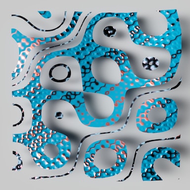 An abstract, wavy design with a cut-out pattern revealing a textured surface beneath. The texture is characterized by blue and metallic hues with a glossy finish, featuring circular and wavy shapes throughout.