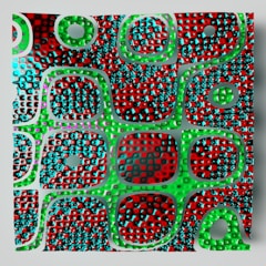 A vibrant and abstract 3D pattern features a grid-like arrangement with a mix of circular and square shapes. The design has a textured surface with red and green hues dominating, interspersed with black and turquoise details, giving a sense of depth and complexity.