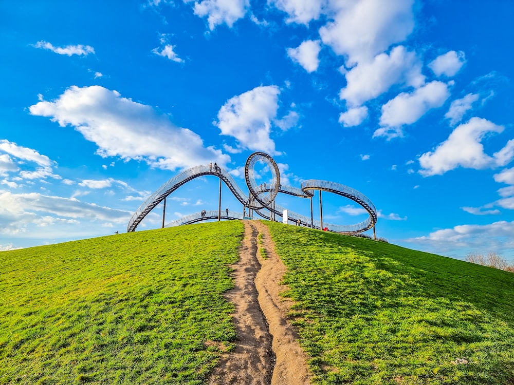 a roller coaster on top of a grassy hill
