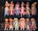 On display are two rows of handcrafted dolls in a store, each dressed in colorful outfits with hats. The top row features six dolls in pastel dresses and knitted hats, while the dolls on the bottom row are dressed in casual outfits with various types of headbands. The dolls have simple facial features with blushed cheeks.