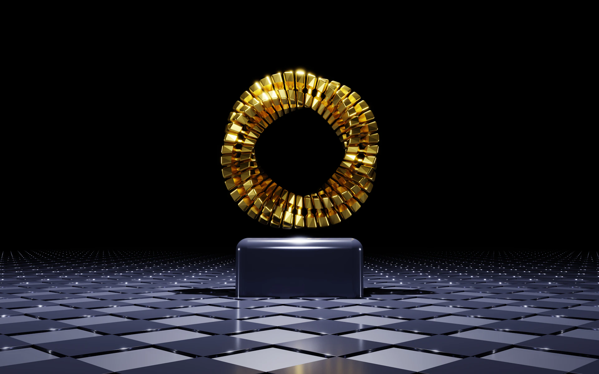 a golden object on a black and white tiled floor