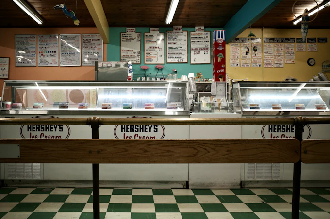 The bright interior of the Scoop shop counter with the ice cream case