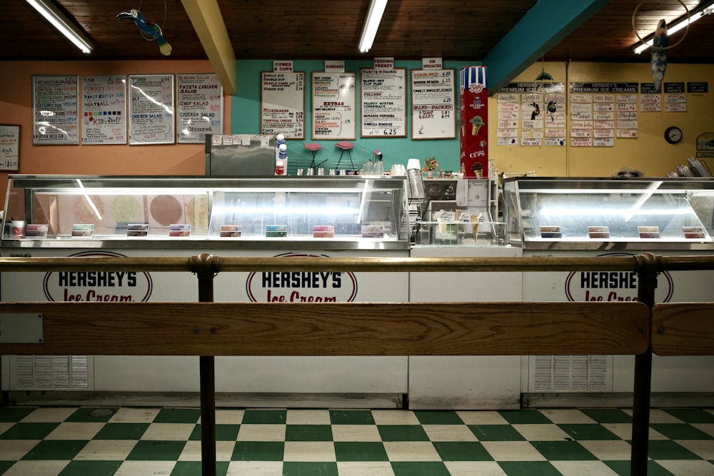 a restaurant with a checkered floor and a checkered floor