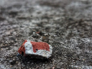 A close-up of a handmade concrete Texas-shaped stone resting on a weathered wooden table, sunlight casting warm shadows.