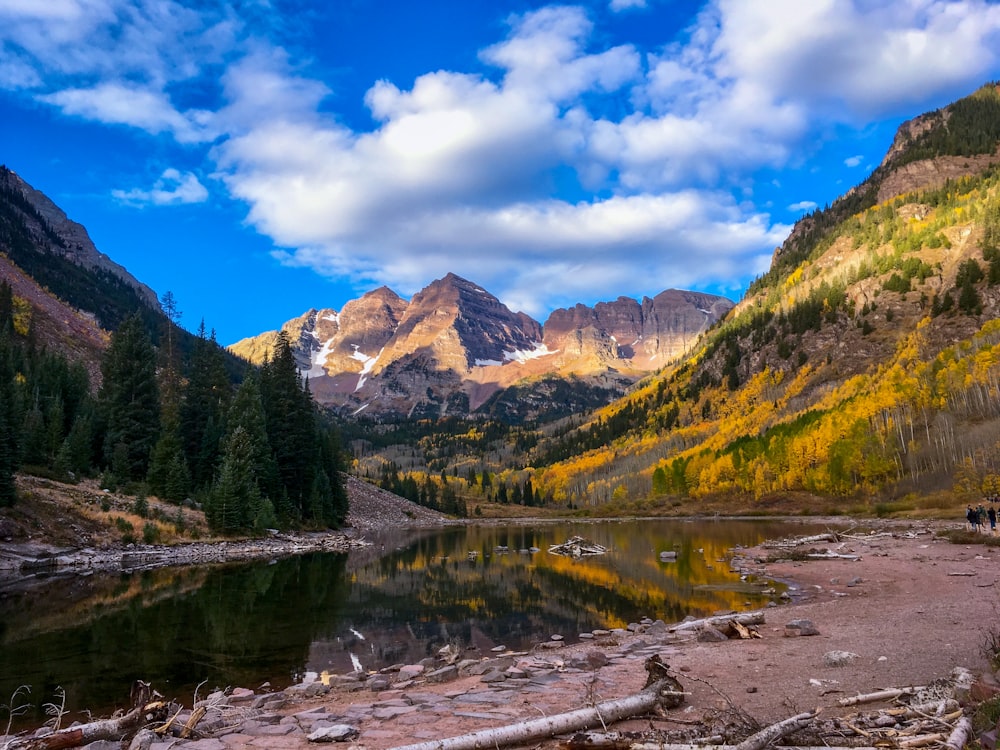 a mountain lake surrounded by trees and mountains