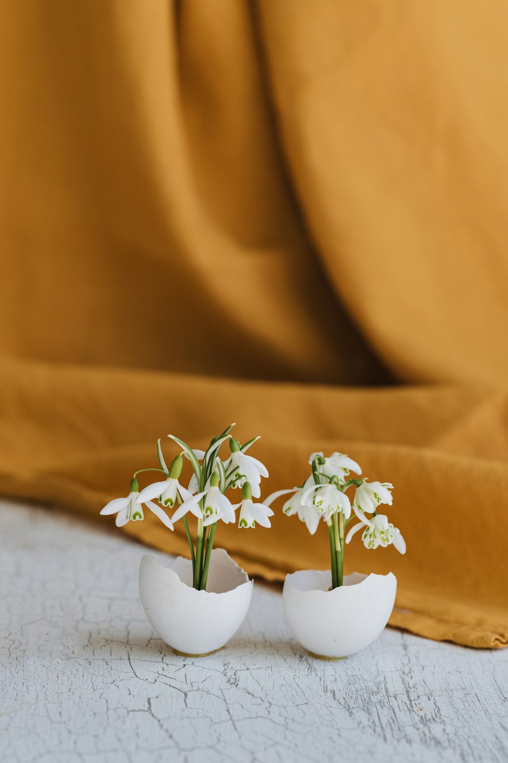two white vases with flowers in them on a table