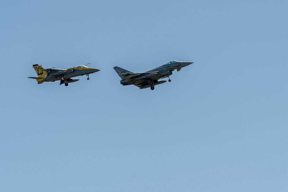two fighter jets flying side by side in the sky