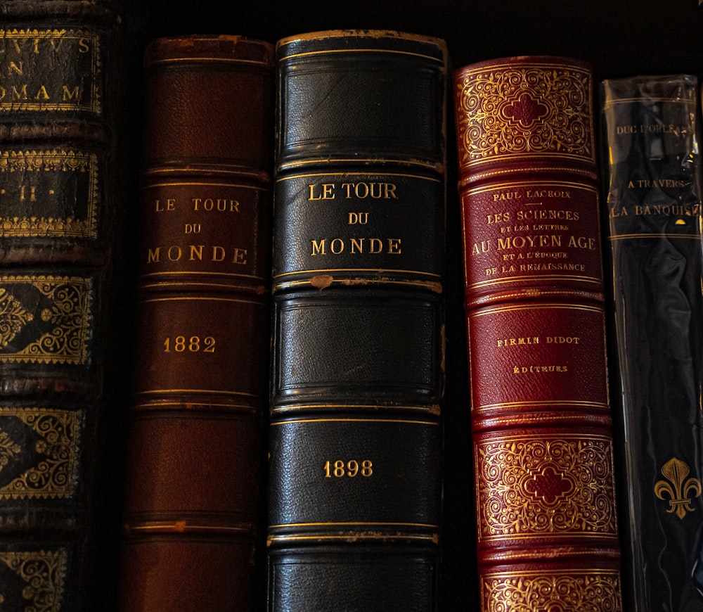 a row of books sitting on top of a shelf