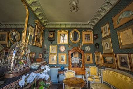 An elegant collector's room filled with rare art pieces and historical artifacts.