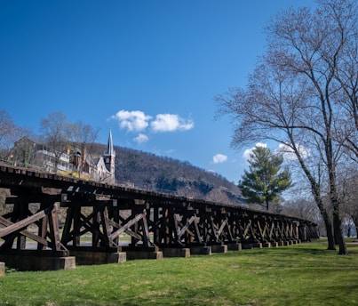 a large wooden bridge over a lush green field