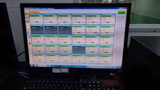 A computer monitor displays a software interface with multiple rectangular panels, each containing text and numerical data. The panels are organized in a grid format, aligned neatly across the screen. There are various icons and menus on the left and right sides of the screen indicating navigation options. The room reflects low ambient lighting, and the keyboard is visible in the foreground.