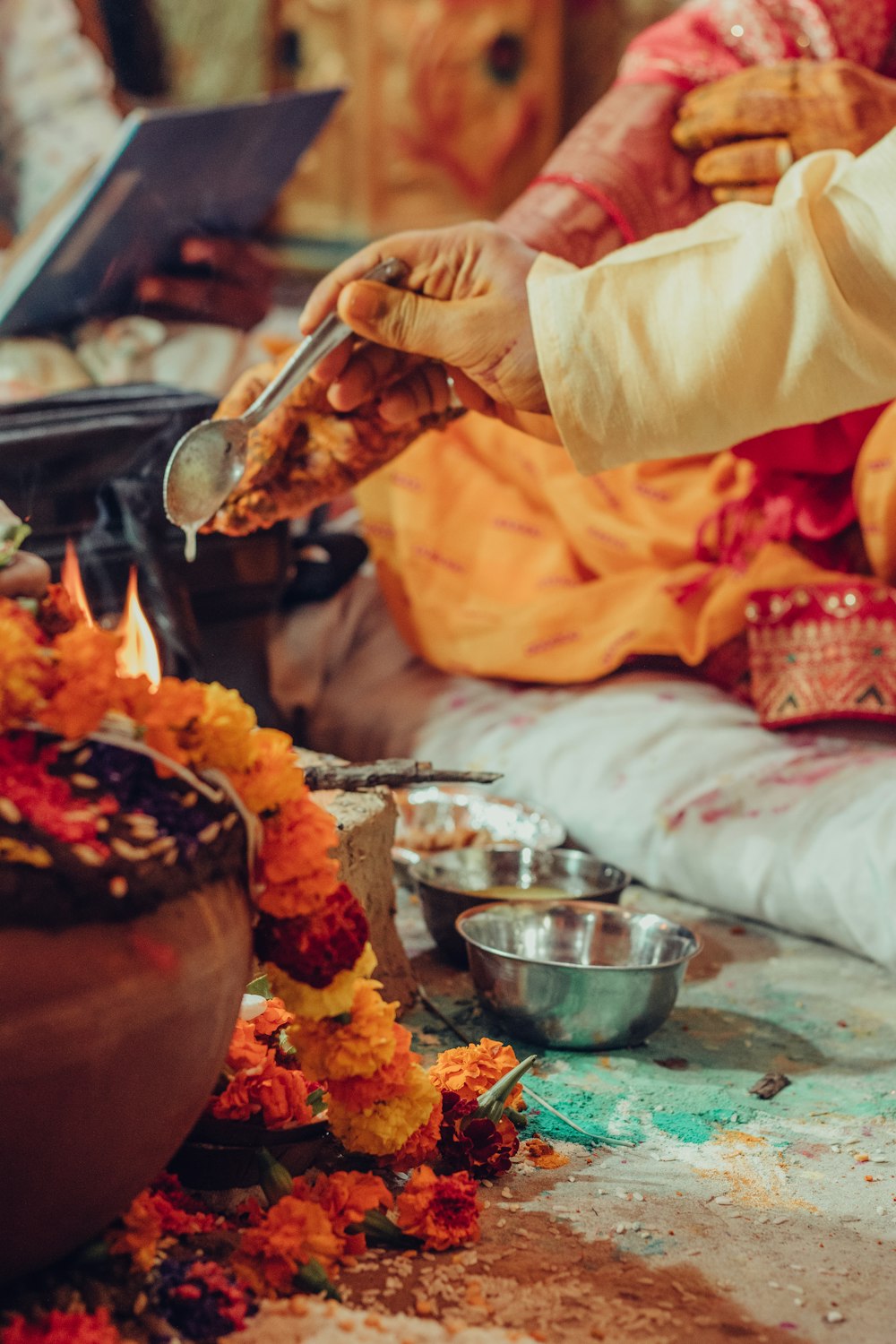 a person is getting food from a bowl