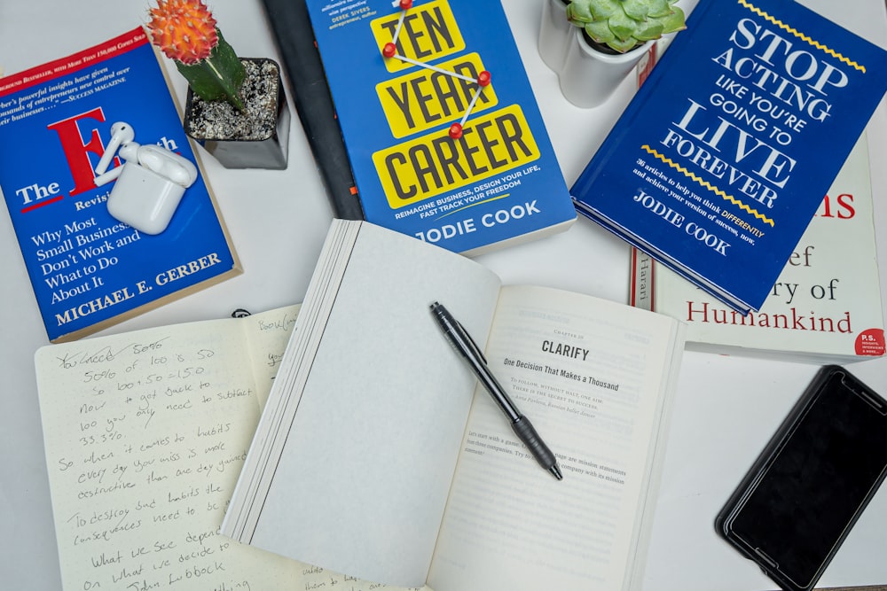 a table topped with books and a cell phone