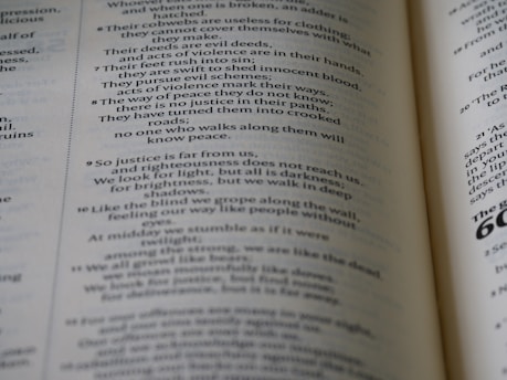 A close-up view of a book or document opened to a page of text. The focus is on the printed words, with some parts of the text out of focus due to the depth of field. The text is arranged in columns, and the lighting gives a soft, scholarly atmosphere.