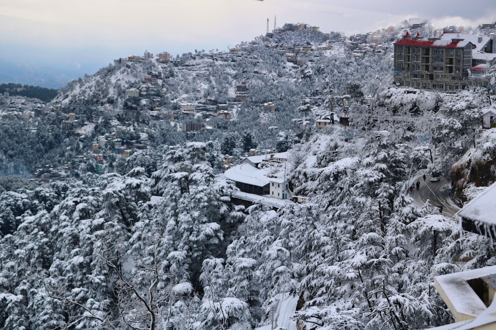 a view of a snowy mountain with houses on it