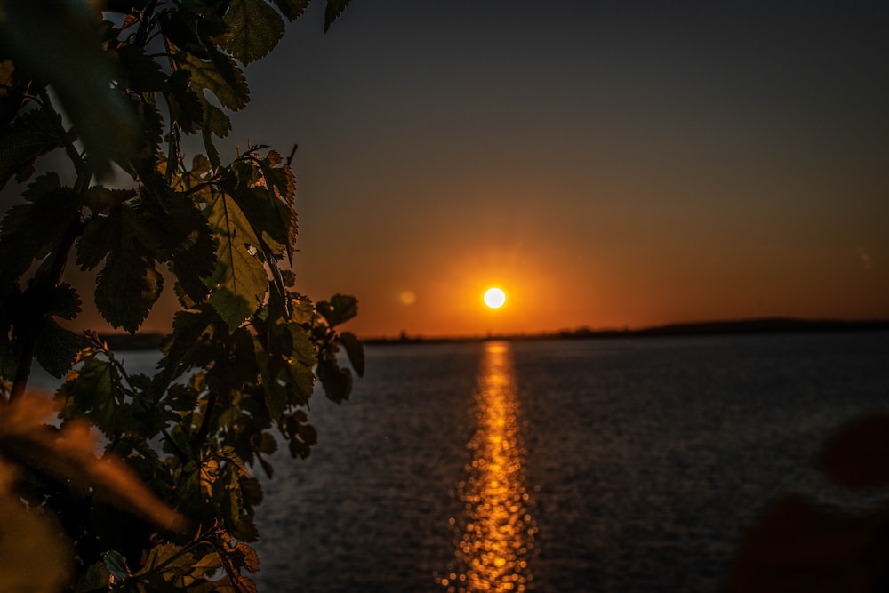 the sun is setting over a body of water