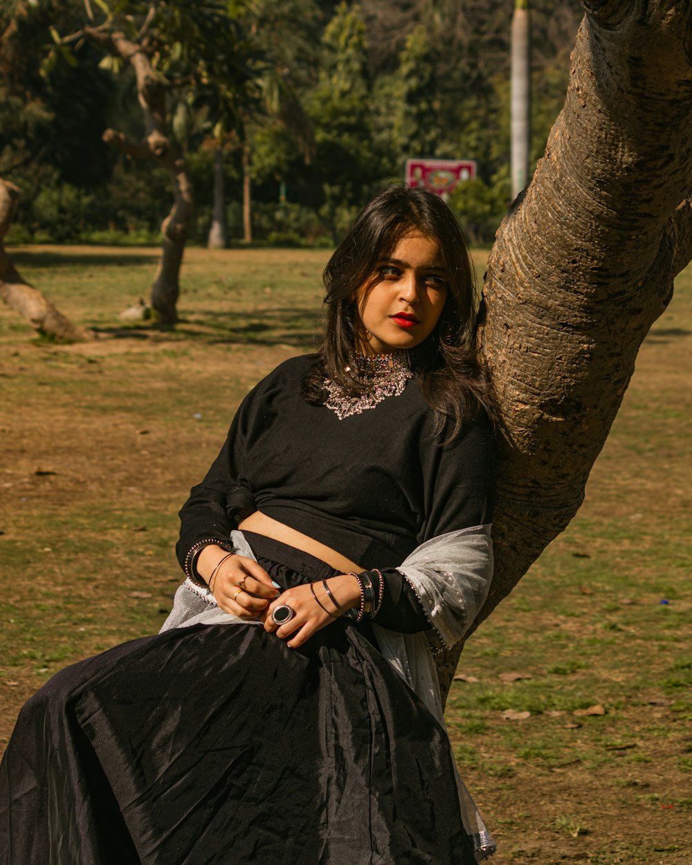 a woman sitting on a tree branch in a park