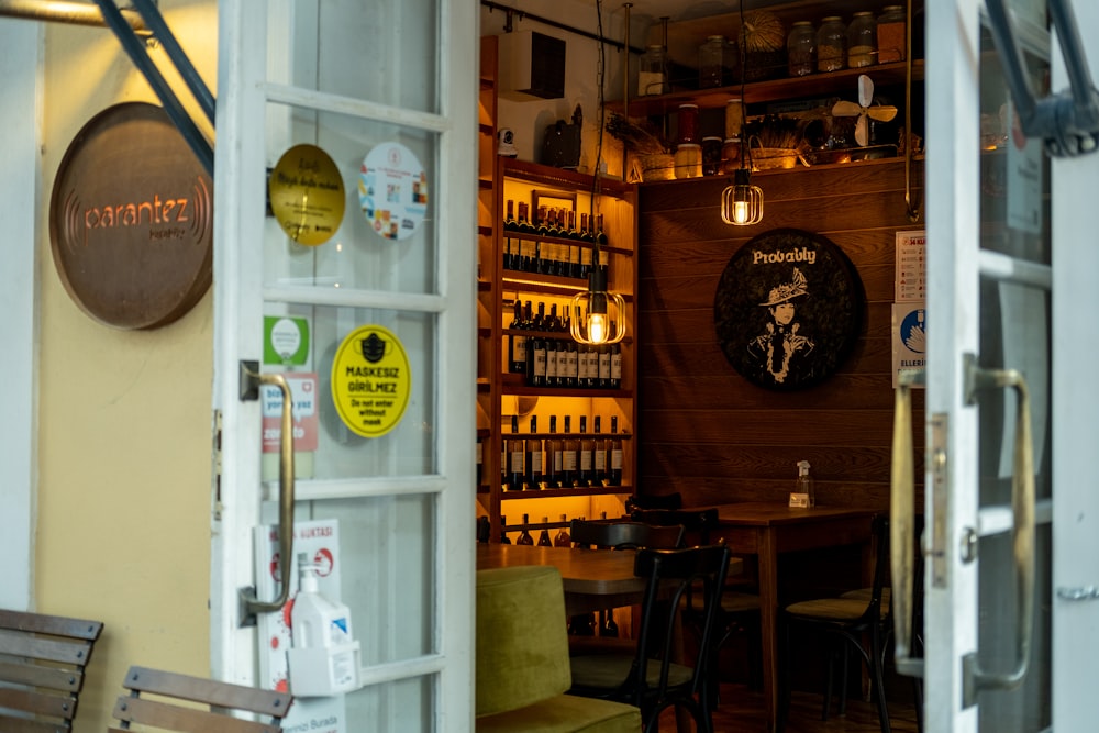 a view of a restaurant through a door