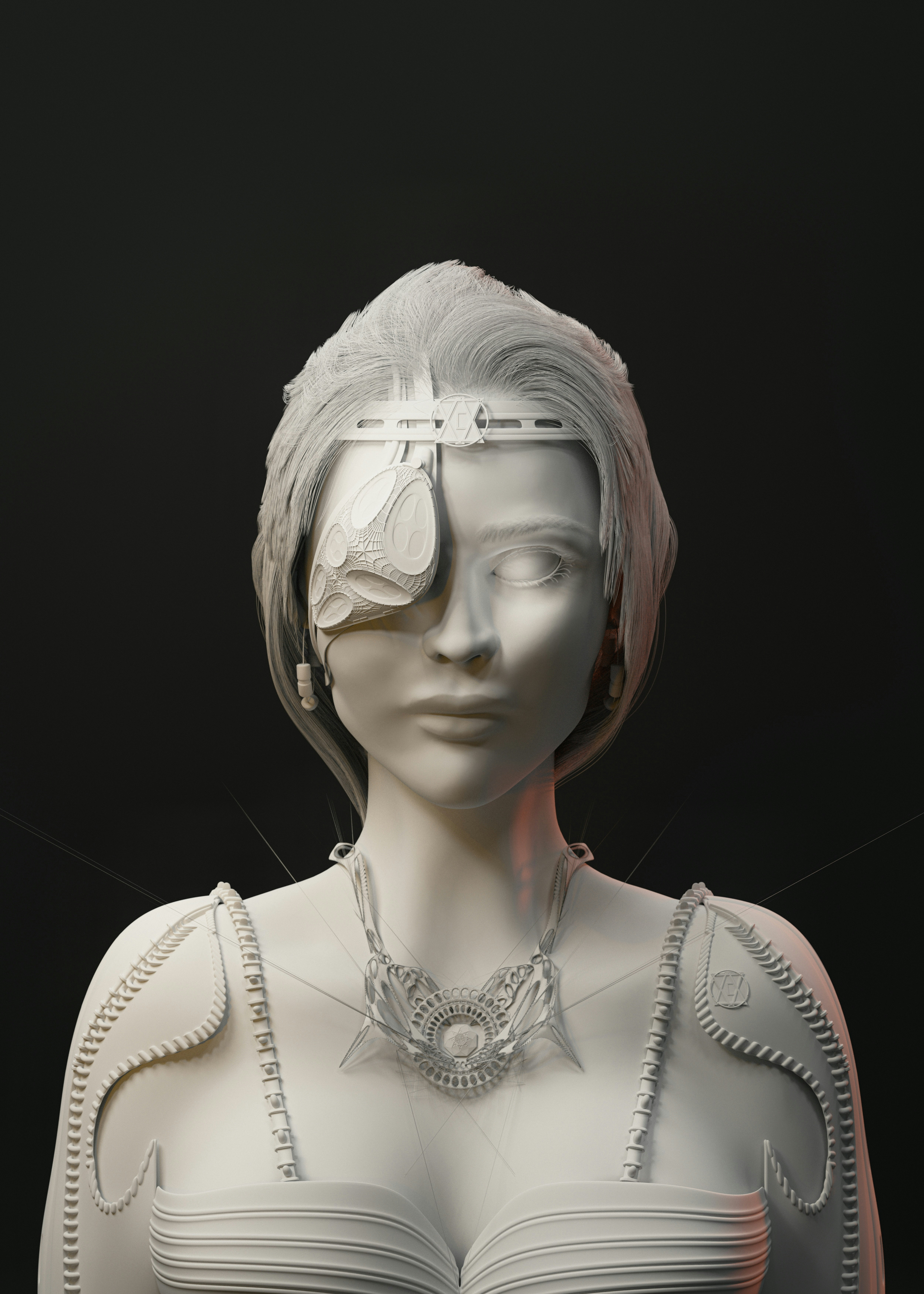 a white mannequin wearing a silver necklace and a pair of eye glasses