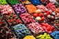 An assortment of colorful candy displayed in clear containers, featuring a variety of shapes and textures. The selection includes sweets that resemble berries, citrus slices, and marshmallows, arranged in an eye-catching, organized layout.