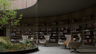 A serene library space with curved bookshelves filled with books, surrounding a central green atrium featuring a rock formation and small plants. Comfortable, modern armchairs with side tables are arranged around the atrium, inviting relaxation and reading.
