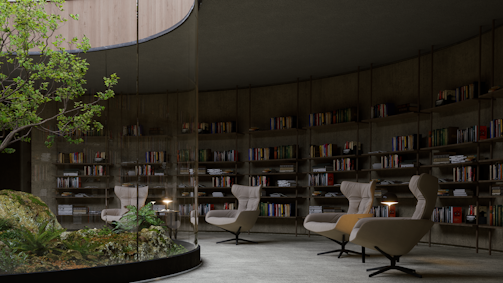 A serene library space with curved bookshelves filled with books, surrounding a central green atrium featuring a rock formation and small plants. Comfortable, modern armchairs with side tables are arranged around the atrium, inviting relaxation and reading.