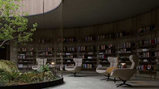 A serene library space with curved bookshelves filled with books, surrounding a central green atrium featuring a rock formation and small plants. Comfortable, modern armchairs with side tables are arranged around the atrium, inviting relaxation and reading.
