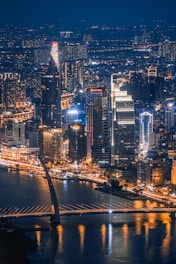 a night view of a city with a bridge in the foreground