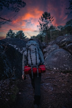a person with a backpack walking up a trail