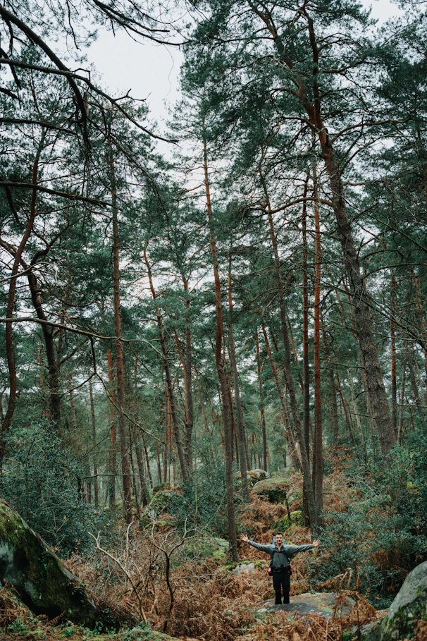 a person standing in the middle of a forest