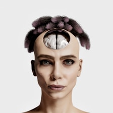 A person with a serious expression is portrayed with a surreal depiction of an exposed brain. The hair is styled in round curls with purple highlights. The image is highly stylized and the background is plain white, enhancing the focus on the face and the unusual head.