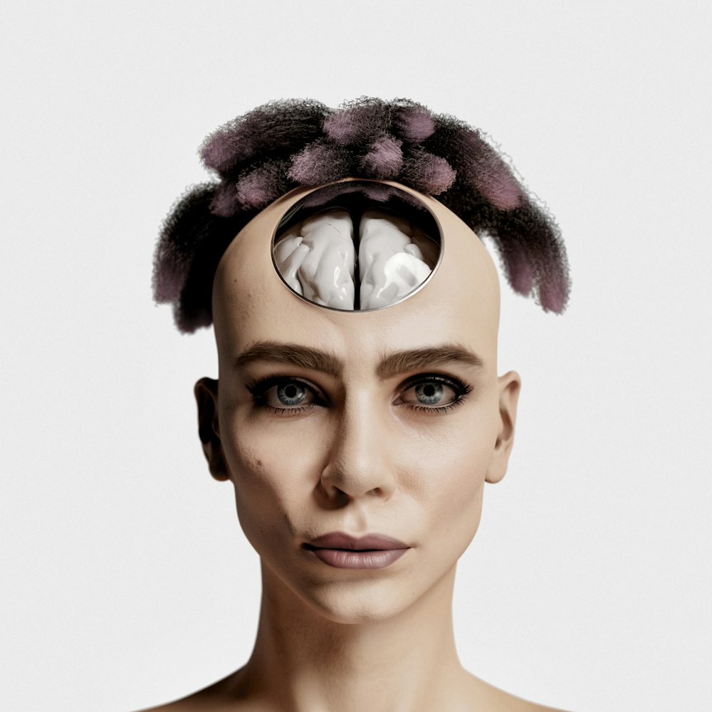 a woman's head with a hair piece in the shape of a brain