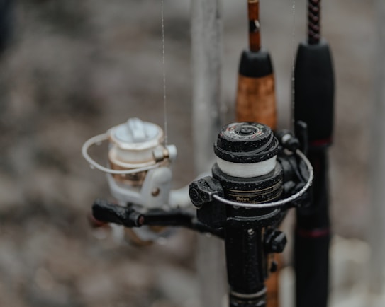 Several fishing reels are attached to rods, showing a variety of rods and reels close together. The focus is on the intricate details of the reels, which appear to be wet, suggesting they have been used recently or are in a humid environment.