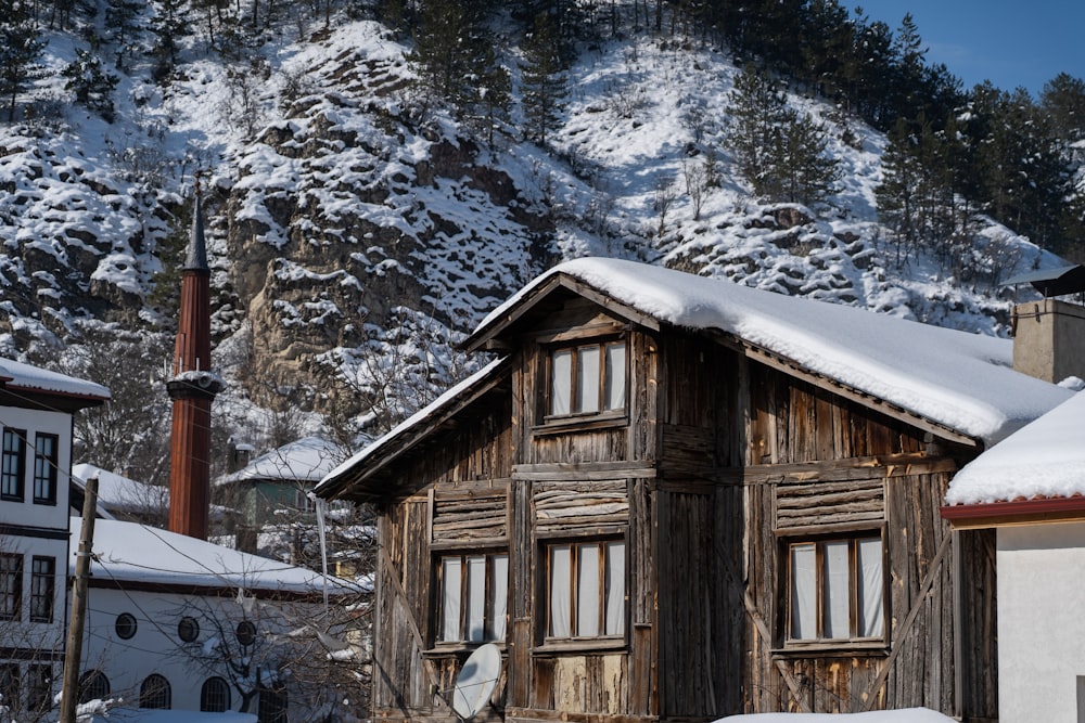 a wooden building with snow on top of it