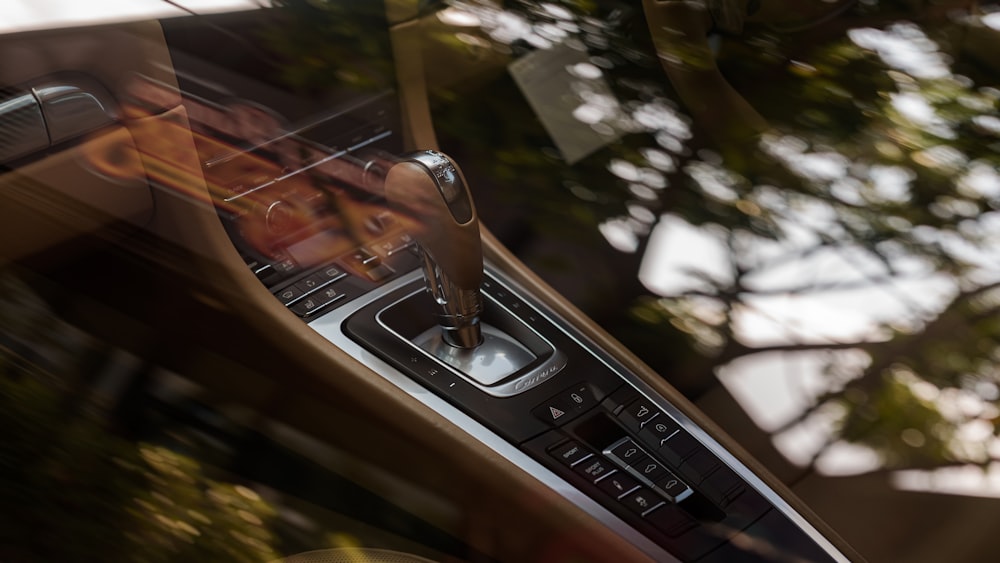 the interior of a car with a steering wheel