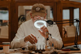 a man sitting at a table in front of a magnifying glass