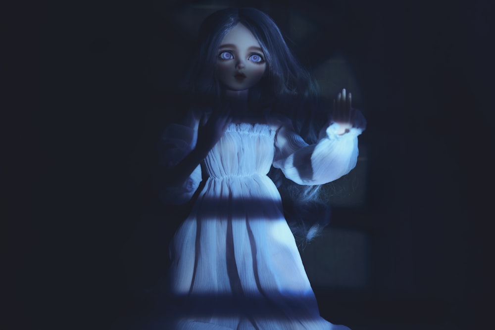 a creepy doll is standing in the dark