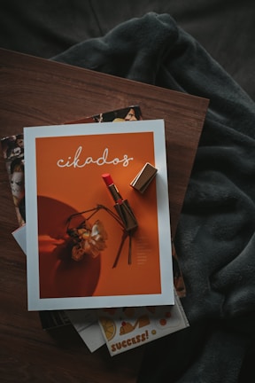 A magazine with an orange cover featuring a lipstick and a wilted flower rests on a wooden surface. The magazine is surrounded by other publications and a shadowy fabric draped behind it, creating a cozy and artistic setting.