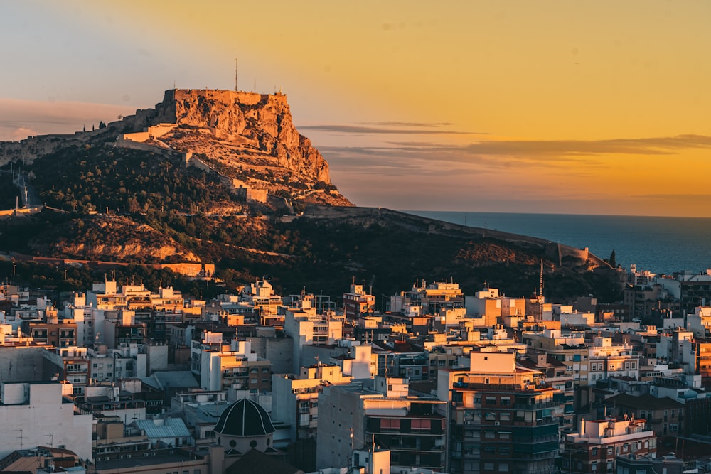 a view of a city with a mountain in the background