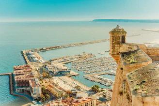 an aerial view of a harbor with boats in the water