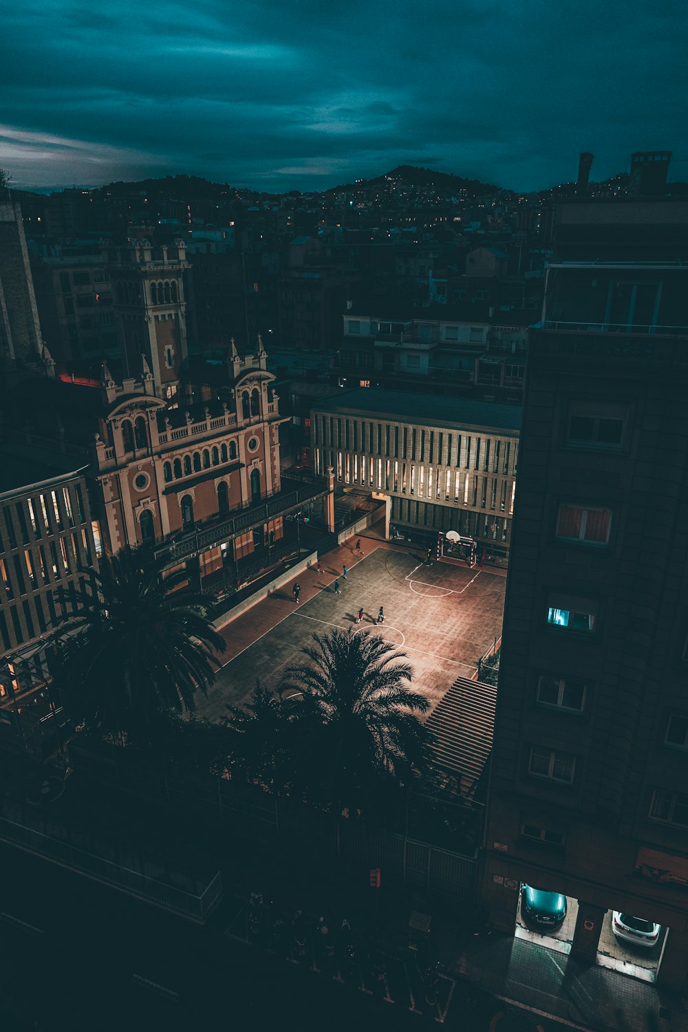 an aerial view of a city at night